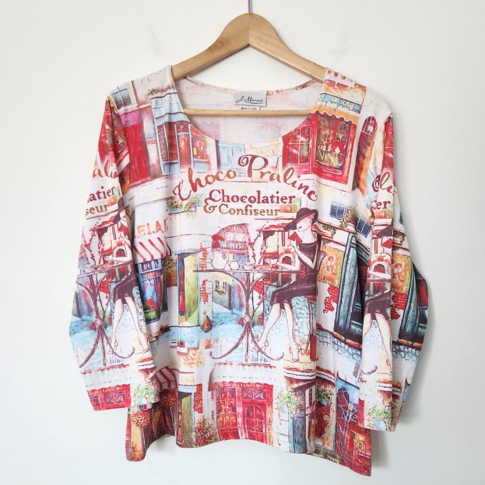 Vintage 90s French Art Print Top Large Paris Cafe J Marco Cyber‎ Rhinestones Y2K